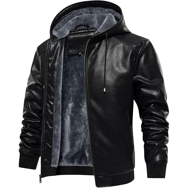 HOOD CREW Men's Casual Stand Collar PU Faux Leather Zip-Up